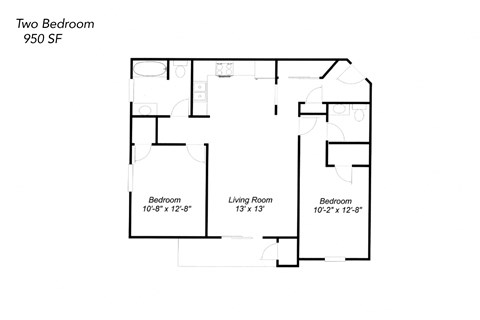 Floor plan for 2 beds, 1 bath, 950 sqft